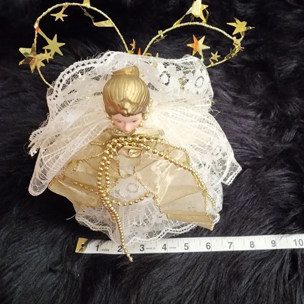 Small Angel Christmas tree Topper and 9ft Pearl and Gold Toned Beaded Garland